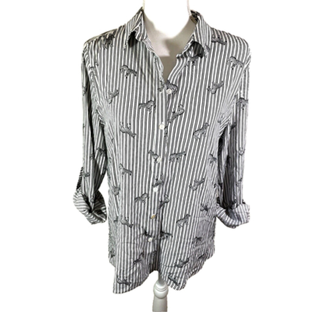 NWT Jane + Delancey Zebra Roll Tab Sleeve Button Up Hi-Low Rayon Shirt Sz M